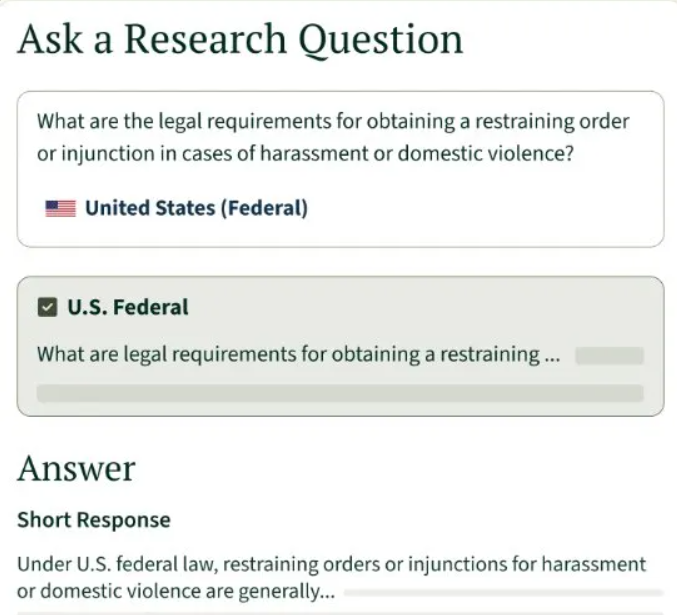 Clio Duo showing Ask a Research Question interface with live legal answer